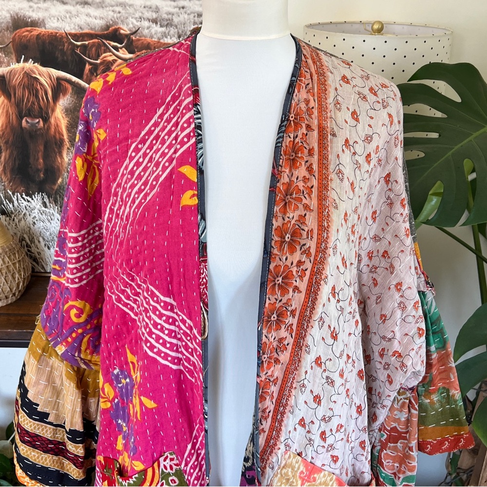 Kantha India Sari Colorful Bell Sleeve Kimono Robe OS NWOT - Picture 3 of 16